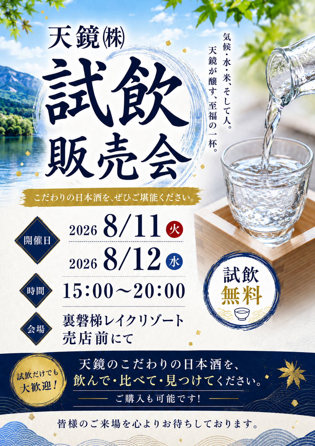 【無料試飲】8/11(火)~8/12(水)開催!天鏡こだわりの日本酒をぜひご堪能ください。